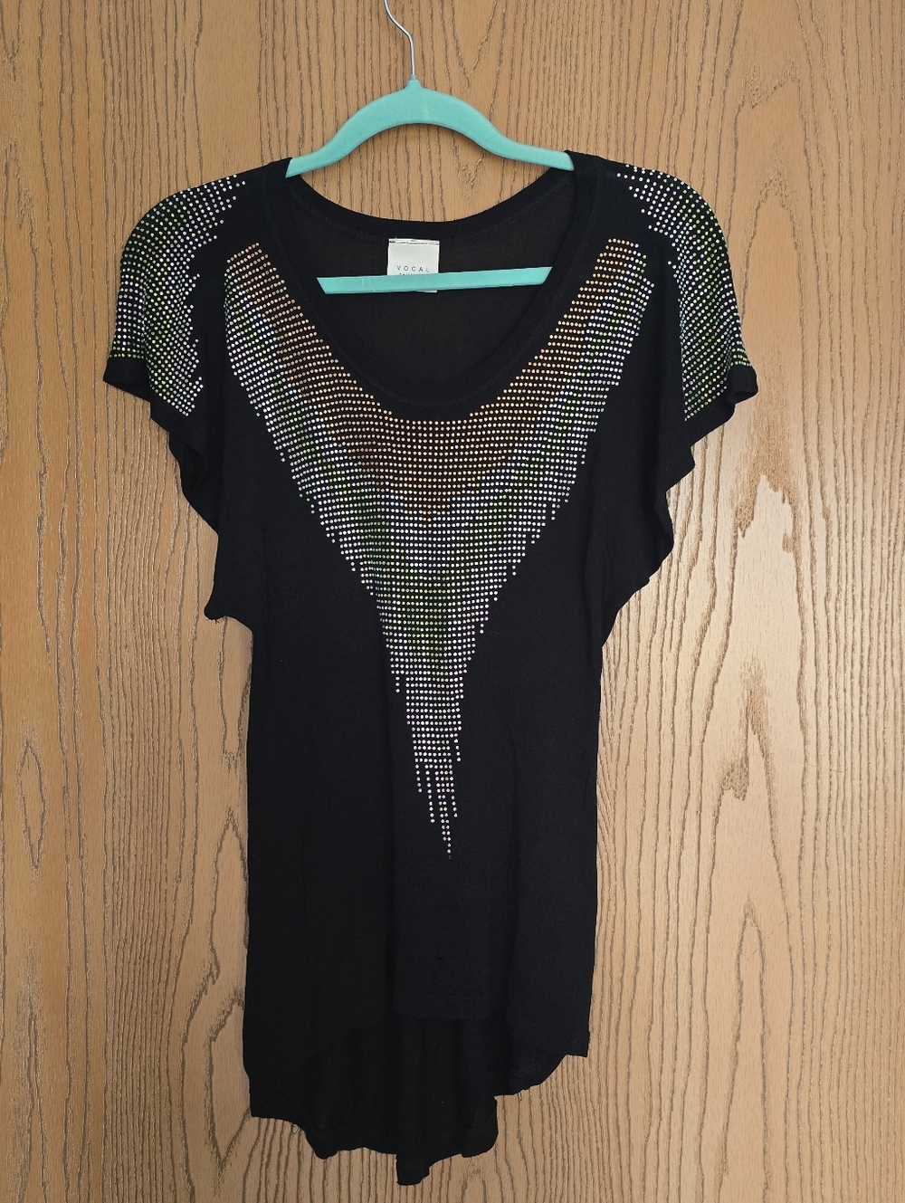 Vocal Black Short Sleeve Blouse with Iridescent Stud Detail